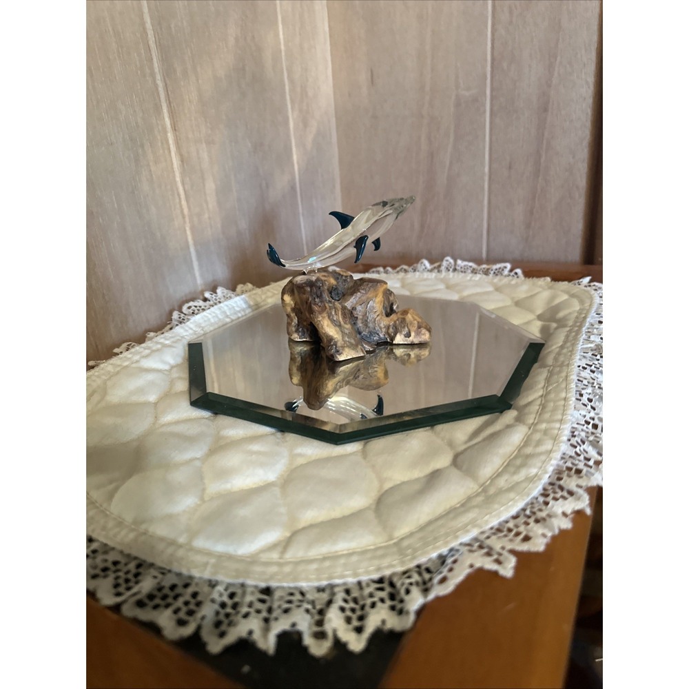GLASS BLUE DOLPHIN ON WOOD BASE - COASTAL DECOR ON NATURAL DRIFTWOOD HAWAII